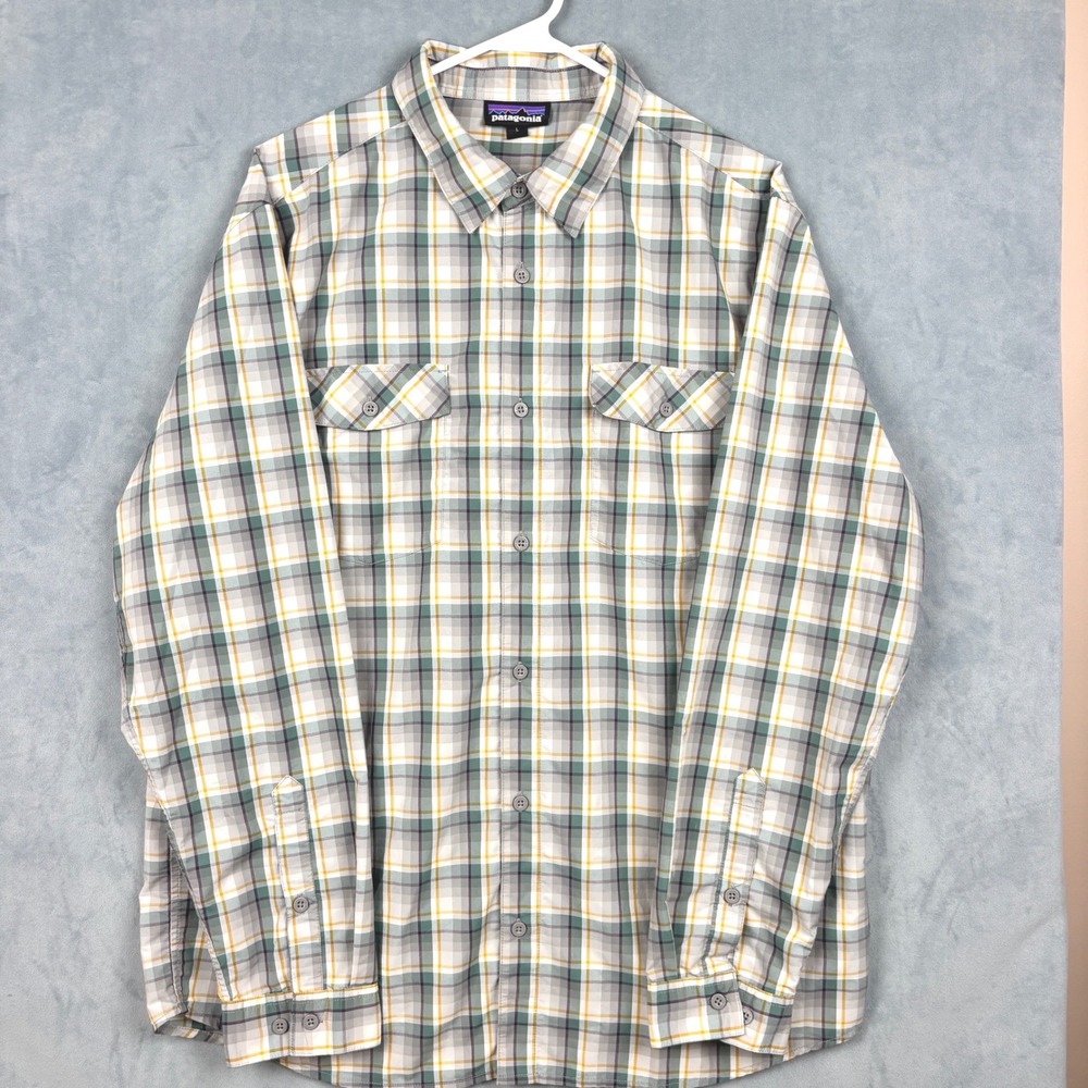 Patagonia Mens Long Sleeve Plaid Button Down Hiking Shirt Green Grey Large